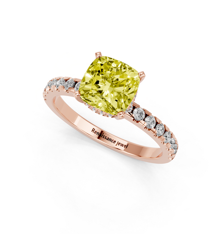 Rose gold Fancy Yellow Cushion  Solitaire Diamond Pavé Band with Four-Prong Setting