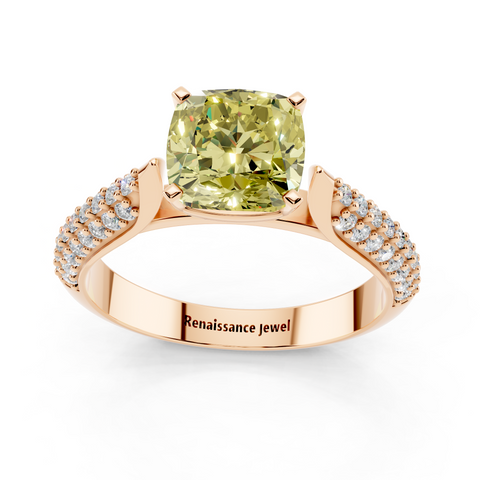 Rose gold Fancy Yellow Cushion  Solitaire Pavé Diamond Engagement Ring with Four-Prong Setting