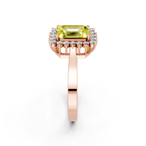 Rose gold Fancy Yellow Emerald  Cut Diamond Halo Ring with Round Brilliant Halo and Solitaire Band