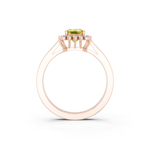 Rose gold Fancy Yellow Emerald  Cut Diamond Halo Ring with Round Brilliant Halo and Solitaire Band