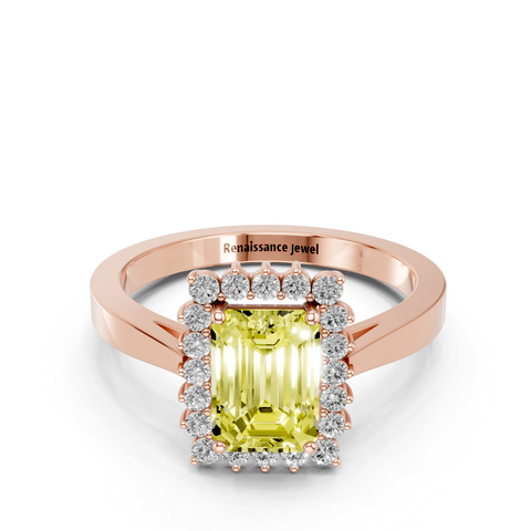 Rose gold Fancy Yellow Emerald  Cut Diamond Halo Ring with Round Brilliant Halo and Solitaire Band