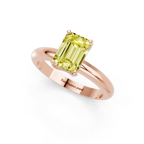 Rose gold Fancy Yellow Emerald  Cut Solitaire Engagement Ring with Round Band and Four-Prong Setting