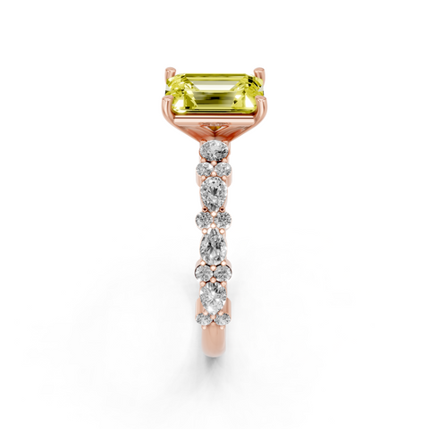 Rose gold Fancy Yellow Emerald  Solitaire with Side Stones, Pave Band, Four-Prong Setting