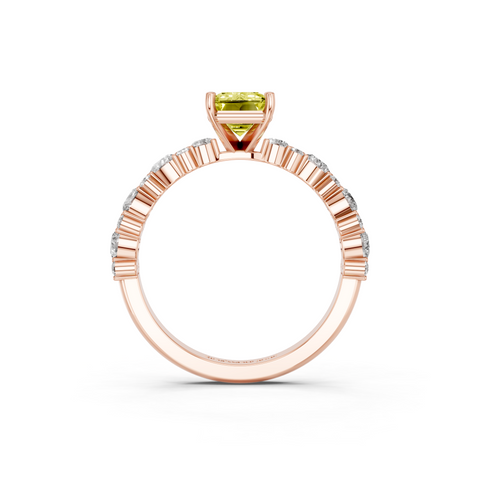 Rose gold Fancy Yellow Emerald  Solitaire with Side Stones, Pave Band, Four-Prong Setting