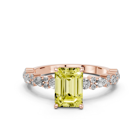 Rose gold Fancy Yellow Emerald  Solitaire with Side Stones, Pave Band, Four-Prong Setting