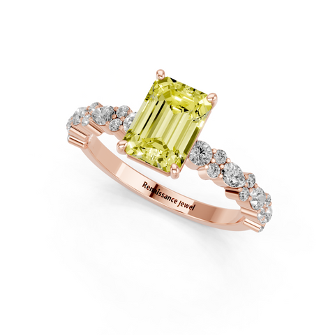 Rose gold Fancy Yellow Emerald  Solitaire with Side Stones, Pave Band, Four-Prong Setting