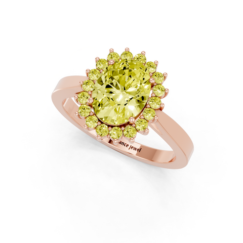 Rose gold Fancy Yellow Oval  Cut Diamond Halo Ring with Round Brilliant Halo and Solitaire Band