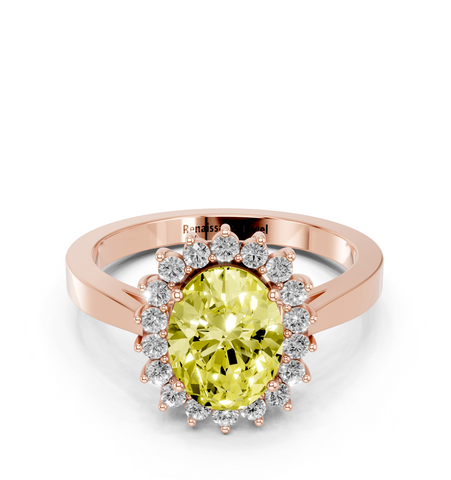 Rose gold Fancy Yellow Oval  Cut Diamond Halo Ring with Round Brilliant Halo and Solitaire Band