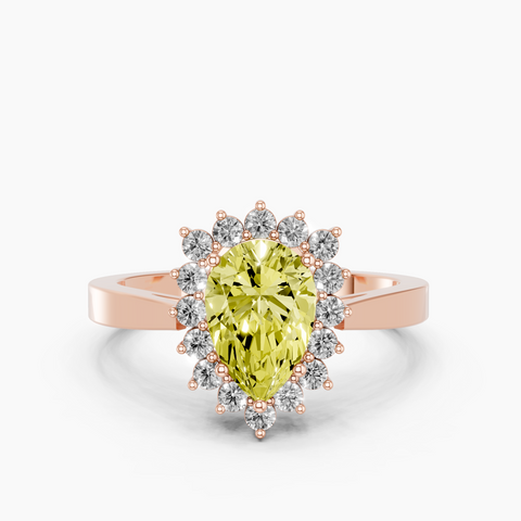 Rose gold Fancy Yellow Pear  Cut Diamond Halo Ring with Round Brilliant Halo and Solitaire Band