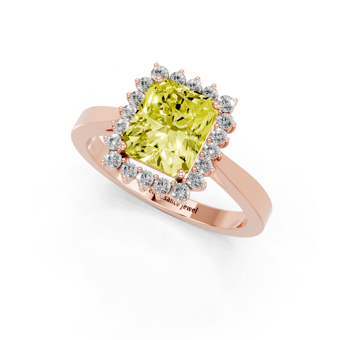Rose gold Fancy Yellow Radiant  Cut Diamond Halo Ring with Round Brilliant Halo and Solitaire Band