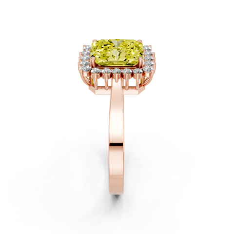 Rose gold Fancy Yellow Radiant  Cut Diamond Halo Ring with Round Brilliant Halo and Solitaire Band