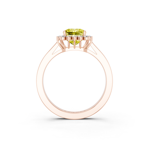 Rose gold Fancy Yellow Radiant  Cut Diamond Halo Ring with Round Brilliant Halo and Solitaire Band