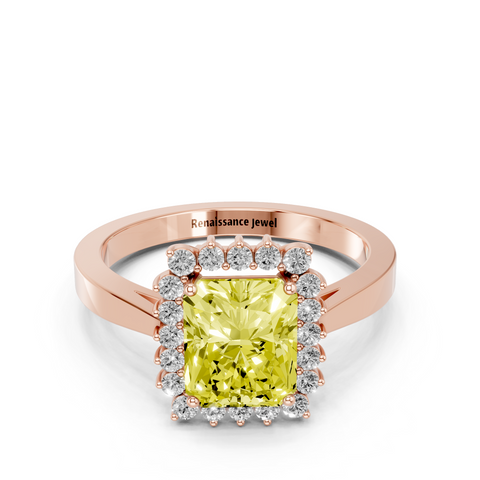 Rose gold Fancy Yellow Radiant  Cut Diamond Halo Ring with Round Brilliant Halo and Solitaire Band