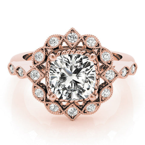 Rose gold Halo Cushion Cut Diamond Milgrain Band with Four-Prong Setting