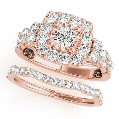 Rose gold Halo Round Cut Diamond Ring with Pavé Band and Four-Prong Setting