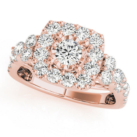 Rose gold Halo Round Cut Diamond Ring with Pavé Band and Four-Prong Setting