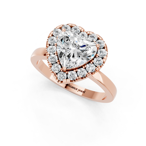 Rose gold Heart Halo Diamond Solitaire with Pavé Band and Four-Prong Setting