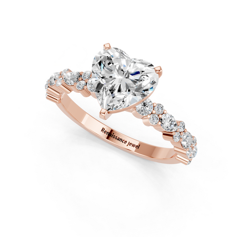 Rose gold Heart Solitaire with Side Stones, Pave Band, Four-Prong Setting