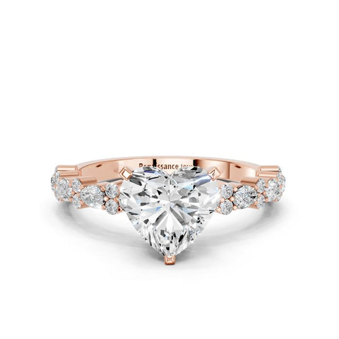 Rose gold Heart Solitaire with Side Stones, Pave Band, Four-Prong Setting