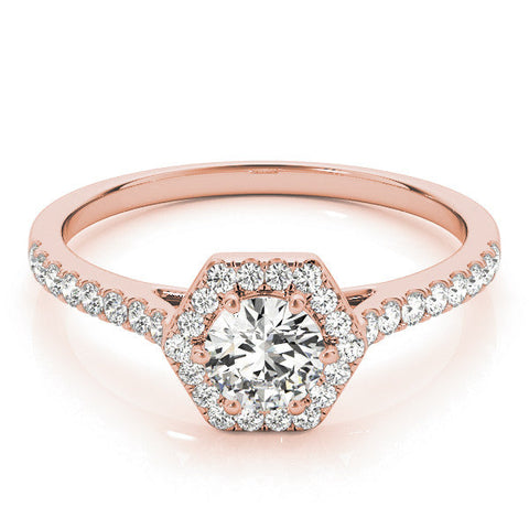Rose gold Hexagonal Halo Round Diamond Pavé Band with Four-Prong Setting