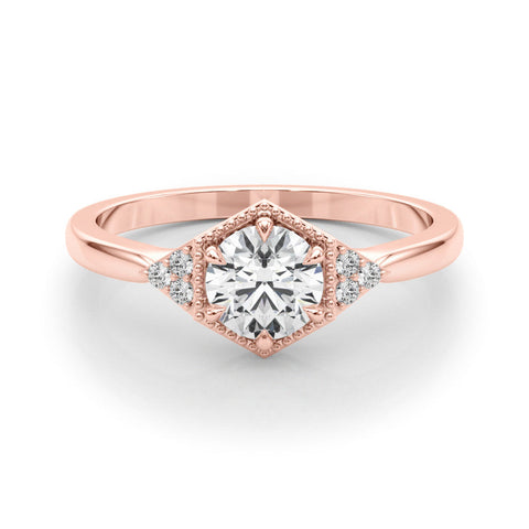Rose gold Hexagonal Halo Round Diamond Solitaire with Pavé Band and Four-Prong Setting