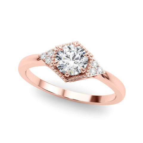 Rose gold Hexagonal Halo Round Diamond Solitaire with Pavé Band and Four-Prong Setting