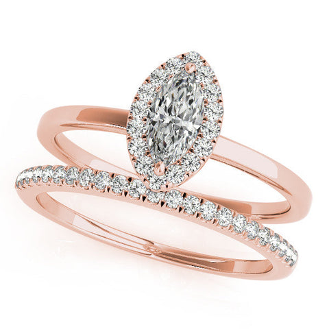 Rose gold Marquise Halo Diamond Solitaire with Pavé Band and Four-Prong Setting