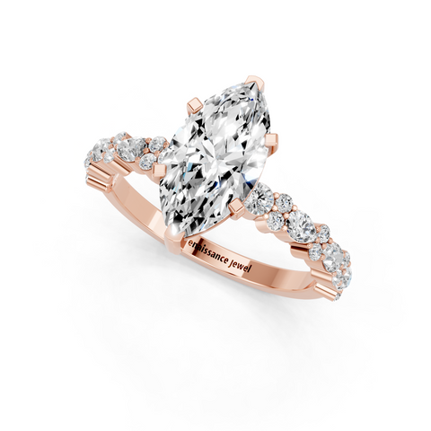 Rose gold Marquise Solitaire with Side Stones, Pave Band, Four-Prong Setting
