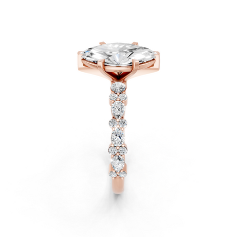 Rose gold Marquise Solitaire with Side Stones, Pave Band, Four-Prong Setting