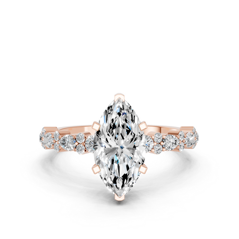 Rose gold Marquise Solitaire with Side Stones, Pave Band, Four-Prong Setting