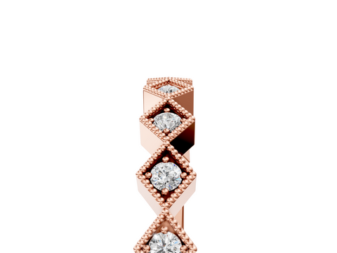 Rose gold Milgrain Diamond Geometric Stackable Band with Round Cut Stones and Bezel Setting