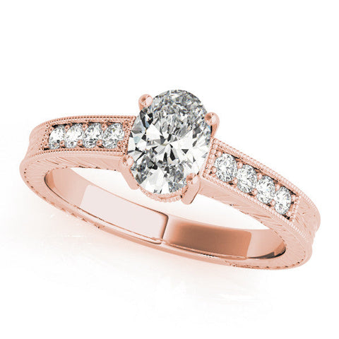 Rose gold Oval Cut Diamond Milgrain Pave Band with Four-Prong Setting