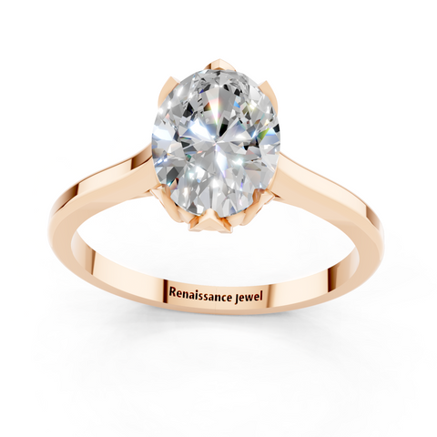 Rose gold Oval Cut Solitaire Diamond Ring with Flower-Prong Setting and Classic Band