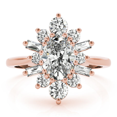 Rose gold Oval Diamond Cluster Ring with Round and Baguette Stones, Split Shank Band, Prong Setting