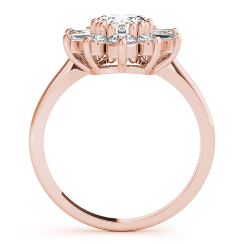 Rose gold Oval Diamond Cluster Ring with Round and Baguette Stones, Split Shank Band, Prong Setting