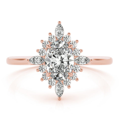 Rose gold Oval Halo Diamond Cluster Ring with Marquise and Round Stones on a White Gold Band with Prong Setting