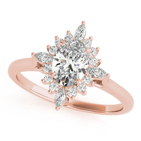 Rose gold Oval Halo Diamond Cluster Ring with Marquise and Round Stones on a White Gold Band with Prong Setting