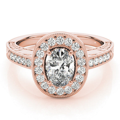 Rose gold Oval Halo Diamond Engagement Ring with Pave Band and Four-Prong Setting
