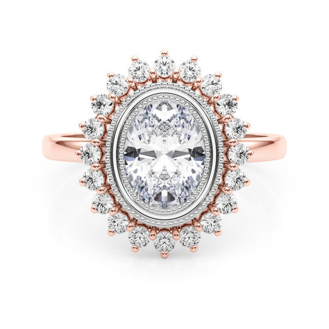 Rose gold Oval Halo Diamond Ring with Milgrain Edge and Round Prong Setting