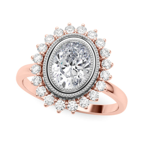 Rose gold Oval Halo Diamond Ring with Milgrain Edge and Round Prong Setting