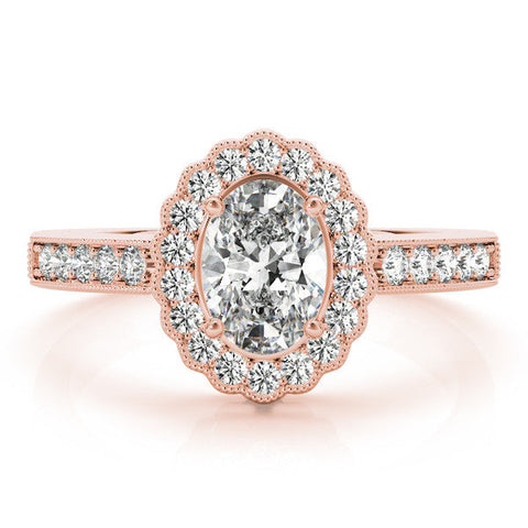 Rose gold Oval Halo Diamond Ring with Pavé Band and Four-Prong Setting