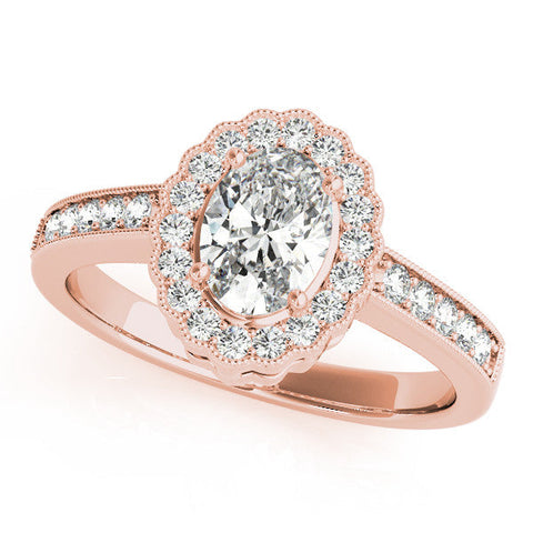 Rose gold Oval Halo Diamond Ring with Pavé Band and Four-Prong Setting