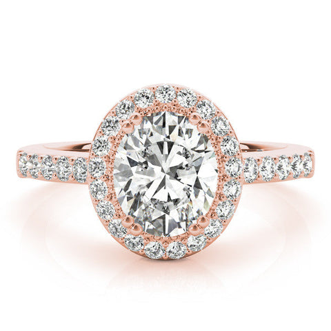 Rose gold Oval Halo Diamond Ring with Pave Band and Four-Prong Setting
