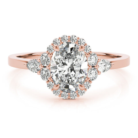 Rose gold Oval Halo Diamond Ring with Pear Side Stones and Prong Setting on a Classic Band