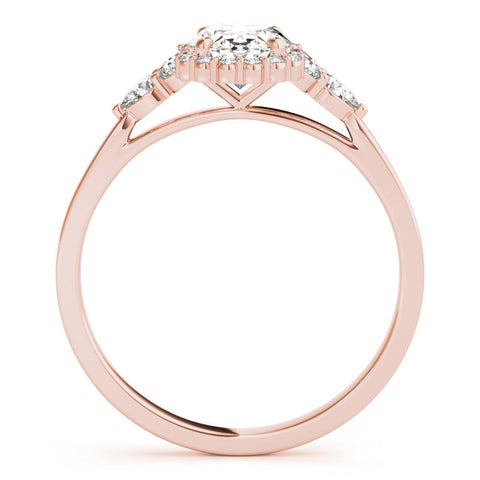 Rose gold Oval Halo Diamond Ring with Pear Side Stones and Prong Setting on a Classic Band
