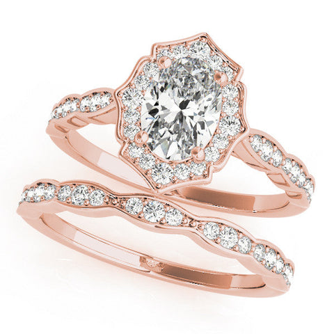 Rose gold Oval Halo Diamond Ring with Scalloped Band and Four-Prong Setting