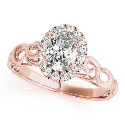 Rose gold Oval Halo Diamond Ring with Scrollwork Band and Four-Prong Setting