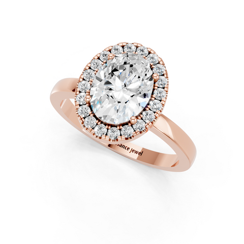 Rose gold Oval Halo Diamond Solitaire with Pavé Band and Four-Prong Setting