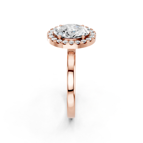 Rose gold Oval Halo Diamond Solitaire with Pavé Band and Four-Prong Setting