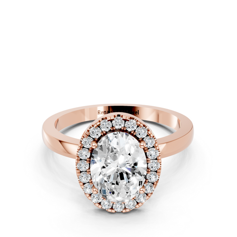 Rose gold Oval Halo Diamond Solitaire with Pavé Band and Four-Prong Setting